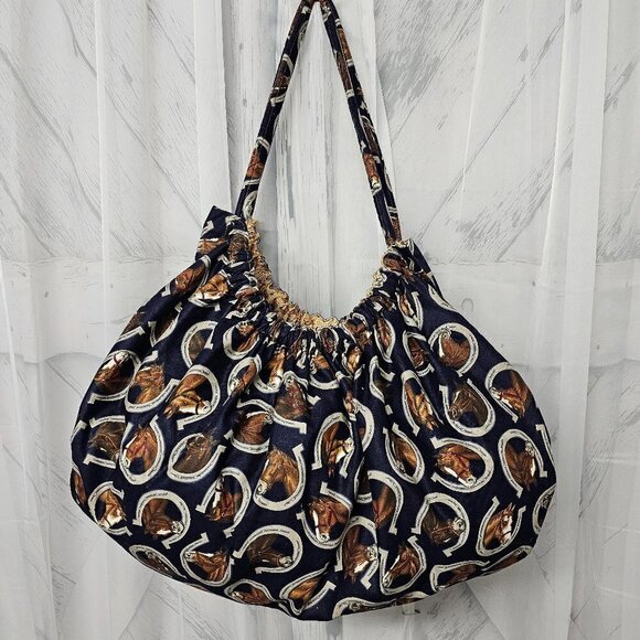 Handmade Blue Tan Reversible XL Horse Equestrian Weekender Tote Bag - Picture 1 of 13